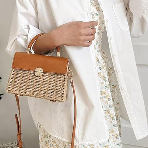 Neiman Marcus Rattan Beach Khaki Medallion Crossbody Bag - Picture 1 of 6